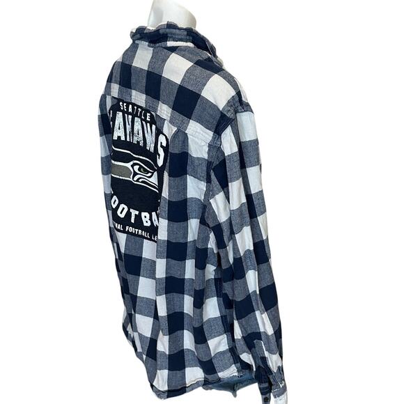 Seattle Seahawks Flannel Plaid Shirt Football 3XL Oversize Unique Blue Upcycled - Picture 3 of 6